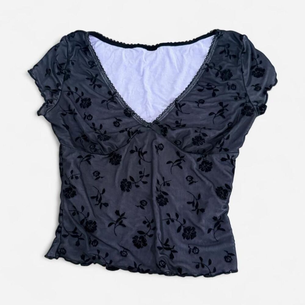 Coquette Black Sheer Mesh Floral Rose Print Top Est Size M